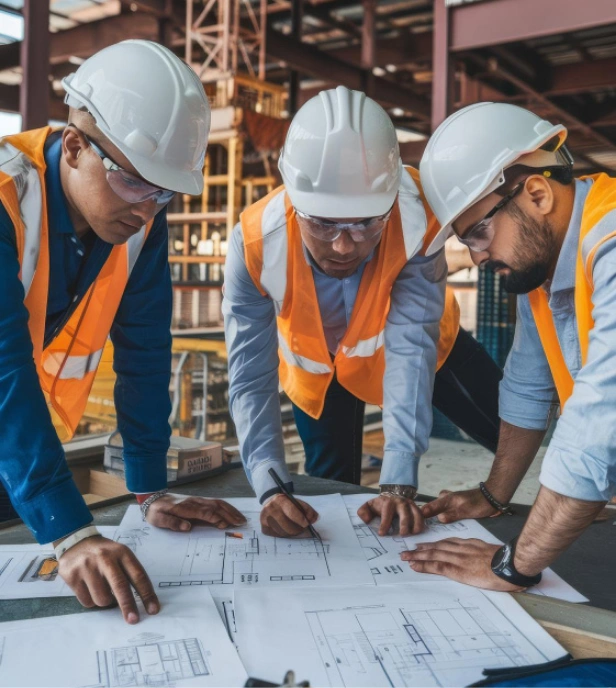 Los Angeles commercial and residential construction management team reviewing architectural plans